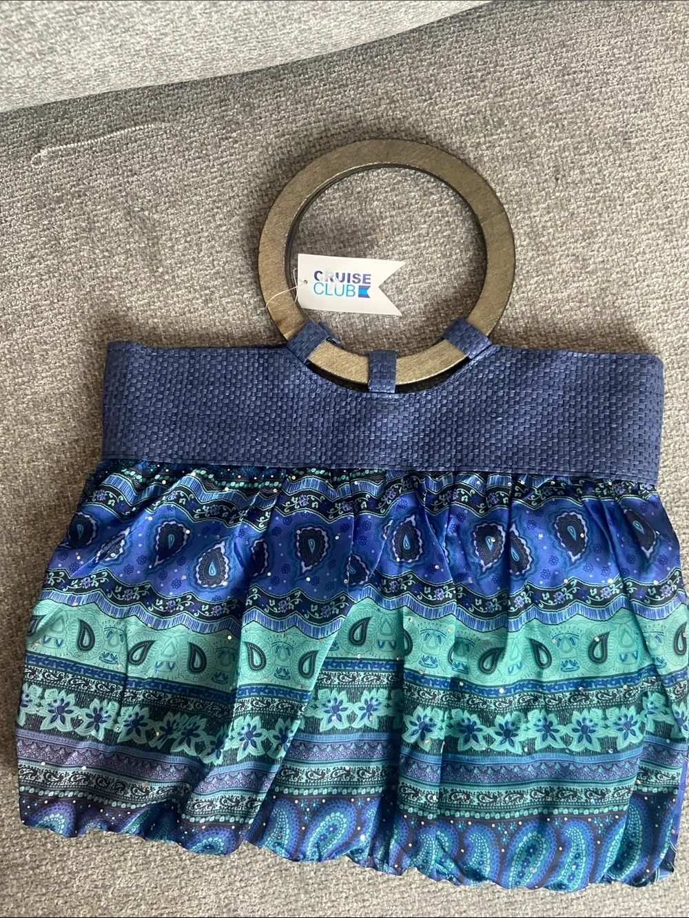 Blue & Teal Patterned Satchel with Wooden Handle - Cruise Club